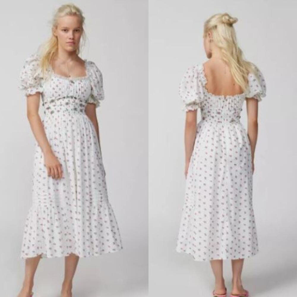 For Love & Lemons Giusti Rosebud Smocked Puff Sleeve Midi A-Line Dress Women's M